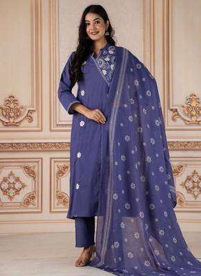 Floral embroidered blue round neck kurta set with trouser and dupatta 1