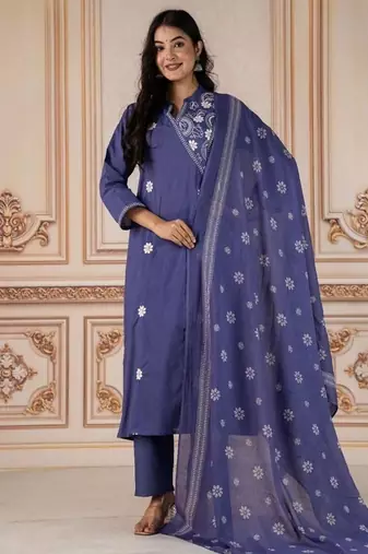 Floral embroidered blue round neck kurta set with trouser and dupatta