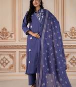 Floral embroidered blue round neck kurta set with trouser and dupatta
