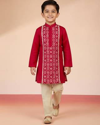 boys    red satin embroidered kurta & pyjama set  3