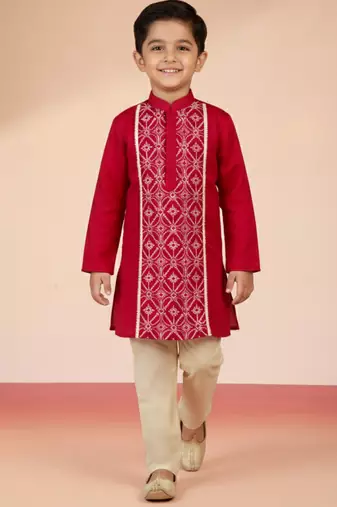 boys    red satin embroidered kurta & pyjama set 