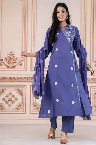 Floral embroidered blue round neck kurta set with trouser and dupatta