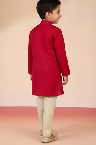 boys    red satin embroidered kurta & pyjama set 