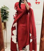 Floral embroidered maroon round neck kurta set with trouser and dupatta