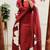 Floral embroidered maroon round neck kurta set with trouser and dupatta