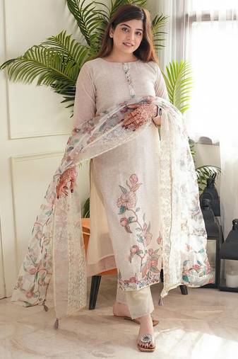 Floral embroidered beige round neck kurta set with trouser and dupatta