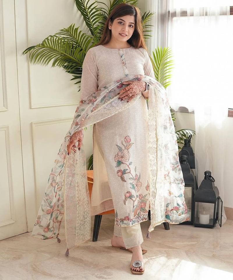 Floral embroidered beige round neck kurta set with trouser and dupatta