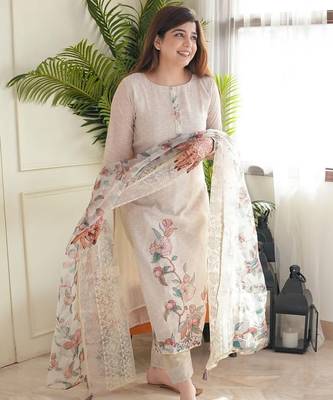 Floral embroidered beige round neck kurta set with trouser and dupatta 2