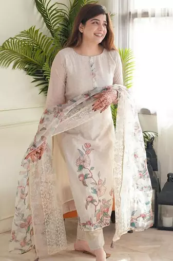 Floral embroidered beige round neck kurta set with trouser and dupatta