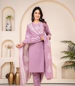 Floral embroidered mauve round neck kurta set with trouser and dupatta