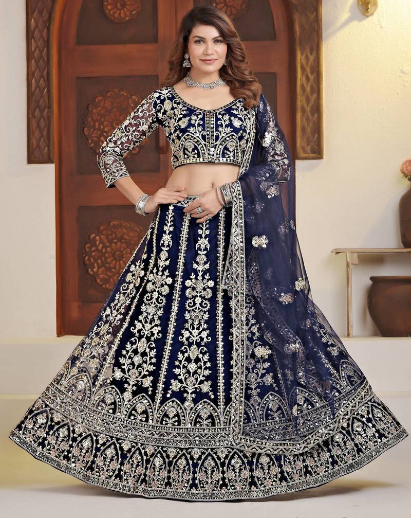 Blue Faux Georgette Wedding Wear Lehenga Choli