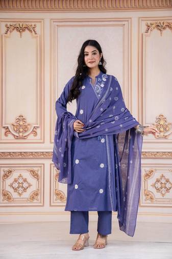 Floral embroidered blue round neck kurta set with trouser and dupatta