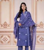 Floral embroidered blue round neck kurta set with trouser and dupatta