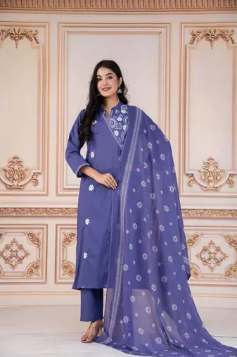 Floral embroidered blue round neck kurta set with trouser and dupatta