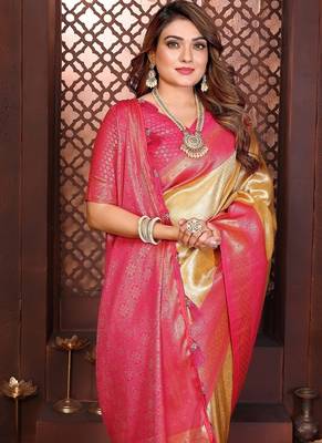 cream color zari weaving banarasi tissue silk blend saree 1