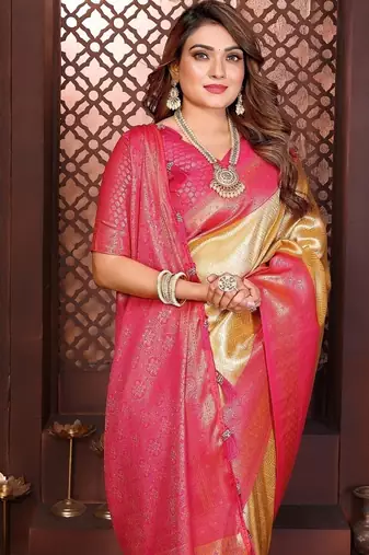 cream color zari weaving banarasi tissue silk blend saree