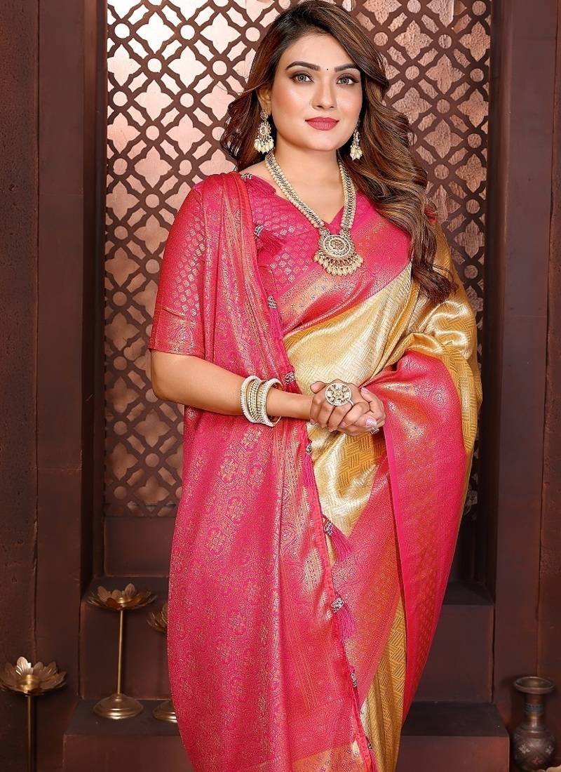 cream color zari weaving banarasi tissue silk blend saree