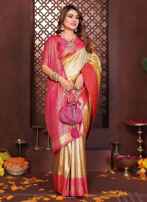 cream color zari weaving banarasi tissue silk blend saree 2