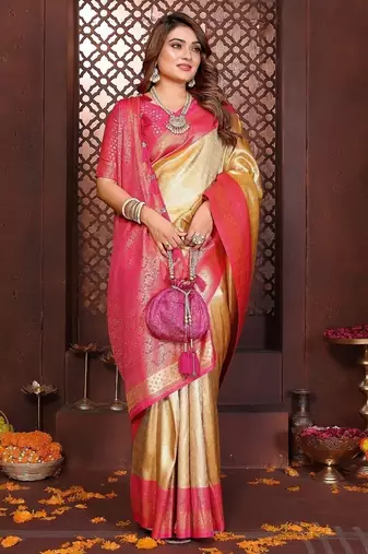 cream color zari weaving banarasi tissue silk blend saree