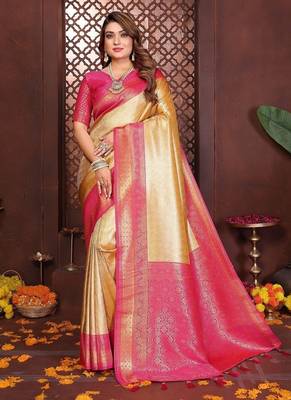 cream color zari weaving banarasi tissue silk blend saree 3