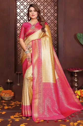 cream color zari weaving banarasi tissue silk blend saree