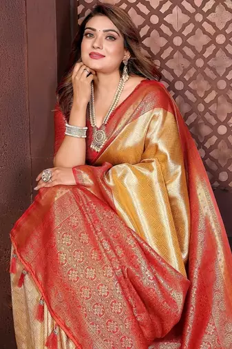 Gold Color Zari Weaving Banarasi Tissue Silk Saree