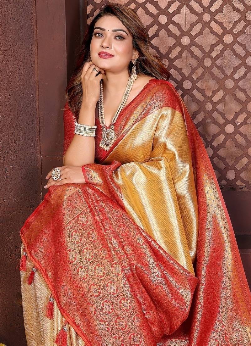 Gold Color Zari Weaving Banarasi Tissue Silk Saree