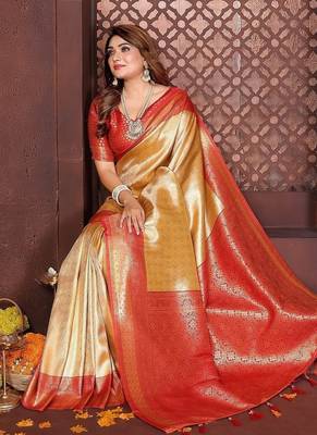 Gold Color Zari Weaving Banarasi Tissue Silk Saree 2