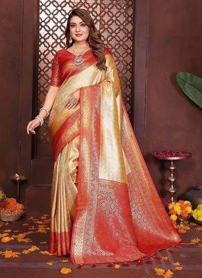 Gold Color Zari Weaving Banarasi Tissue Silk Saree 3