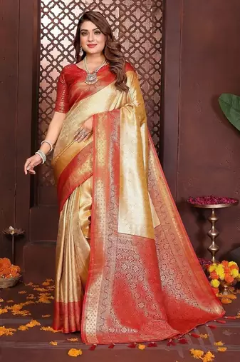 Gold Color Zari Weaving Banarasi Tissue Silk Saree