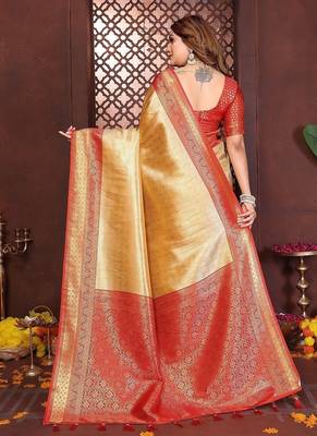 Gold Color Zari Weaving Banarasi Tissue Silk Saree 4
