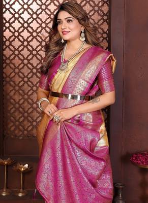 Light Yellow Color Zari Weaving Banarasi Tissue Silk Saree 1