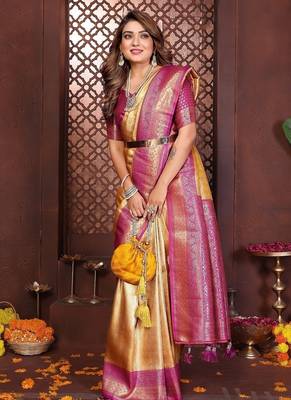 Light Yellow Color Zari Weaving Banarasi Tissue Silk Saree 2