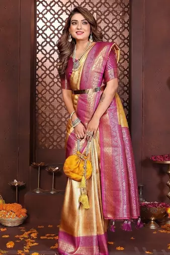 Light Yellow Color Zari Weaving Banarasi Tissue Silk Saree