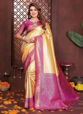 Light Yellow Color Zari Weaving Banarasi Tissue Silk Saree 3