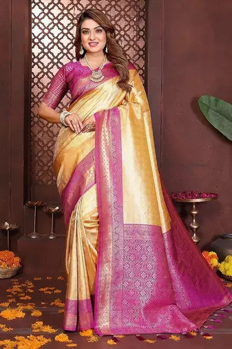 Light Yellow Color Zari Weaving Banarasi Tissue Silk Saree