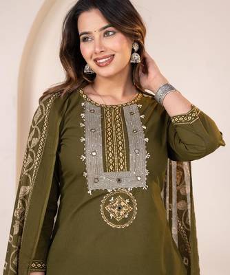 Floral embroidered green round neck kurta set with trouser and dupatta 4