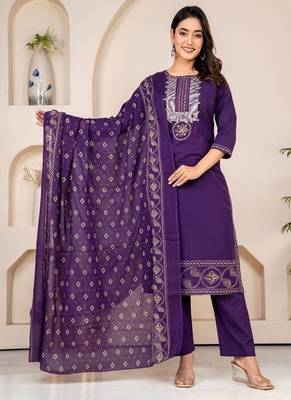 Floral embroidered blue round neck kurta set with trouser and dupatta 1