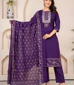 Floral embroidered blue round neck kurta set with trouser and dupatta