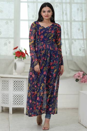 Wine Fox Georgette Printed Kurta – Stylish Lightweight Daily Wear