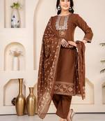Floral embroidered brown round neck kurta set with trouser and dupatta