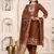 Floral embroidered brown round neck kurta set with trouser and dupatta