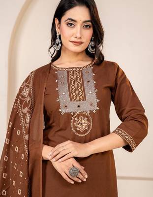 Floral embroidered brown round neck kurta set with trouser and dupatta 4