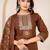 Floral embroidered brown round neck kurta set with trouser and dupatta