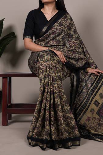 polyester viscose chanderi printed saree with zari weaving work