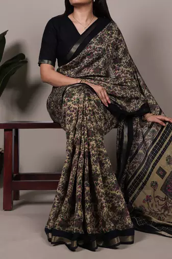 polyester viscose chanderi printed saree with zari weaving work
