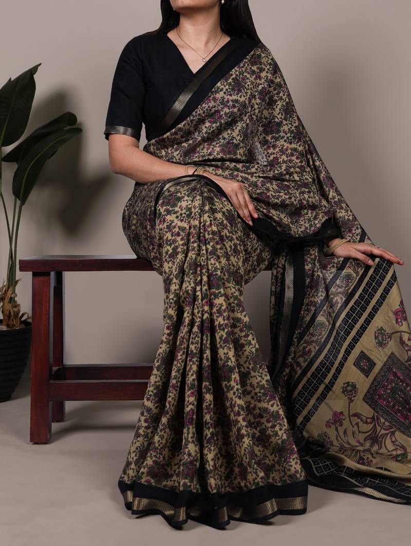 polyester viscose chanderi printed saree with zari weaving work