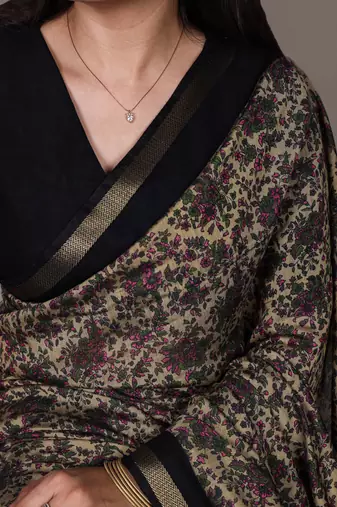polyester viscose chanderi printed saree with zari weaving work