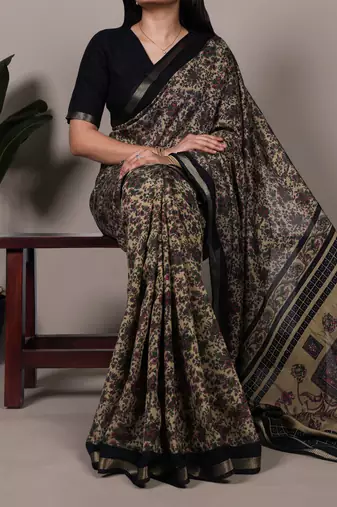 polyester viscose chanderi printed saree with zari weaving work