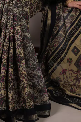 polyester viscose chanderi printed saree with zari weaving work